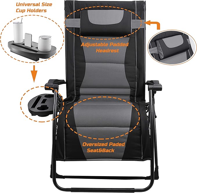 XXL Oversize Recliner Folding Chair – Heavy Duty Zero Gravity Lounge Chair with Sunshade, Cup Holder Tray & Padded Seat – Extra Wide Reclining Patio Chair for Camping & Outdoors