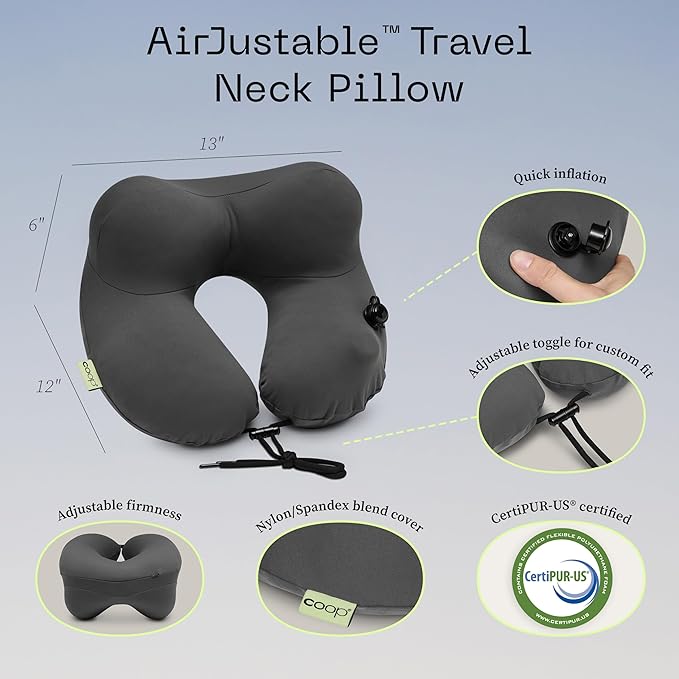 Coop Home Goods AirJustable Travel Neck Pillow, Inflatable, Adjustable Support for Neck & Chin, Compact Travel Pillow, Soft Memory Foam Comfort, Airplane Travel Essentials, Cooling & Washable Cover