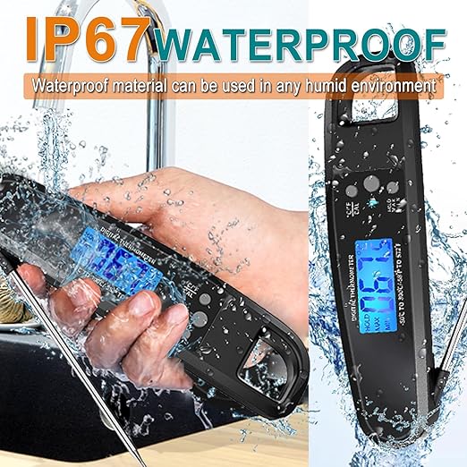 Instant Read Meat Thermometer for Kitchen Cooking, Ultra Fast Precise Waterproof Digital Food Thermometer with Backlight, Magnet and Foldable Probe for Deep Fry, Outdoor BBQ, Grill（Black）