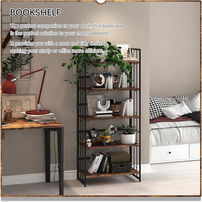 4NM No Assembly 5 Tiers Folding Bookshelf, 59.4" H Foldable Storage Shelves Vintage Bookcase Standing Racks Study Organizer Home Office - Rustic Brown Black