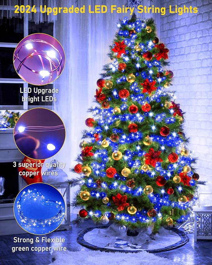 KNONEW 100FT Outdoor Christmas Fairy Lights Plug in,300 LED String Lights Outdoor Waterproof 8 Modes for Wedding Bedroom Walls Garden Trees Decoration(Blue)