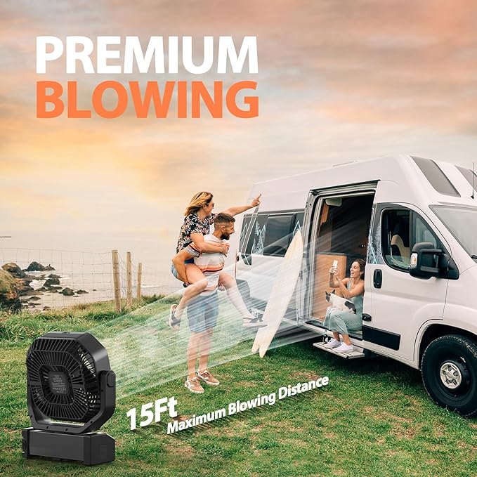 MORECORE 20000mAh Rechargeable Camping Fan with Light, 112HRS Running, 8-Speed, Auto Oscillating, Timer, LED Digital Display, 270°Pivot with Hook for Tent RV Emergency Garage-Black