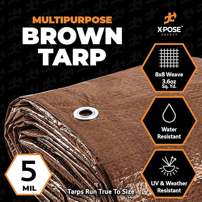 Multipurpose Protective Cover Brown Poly Tarp 20' x 20' - Durable, Water Resistant, Weather Resistant - 5 Mil Thick Polyethylene - by Xpose Safety