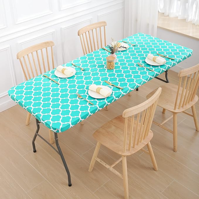 Smiry Rectangle Picnic Table Cover, Waterproof Elastic Fitted Camping Tablecloths for 4 Foot Tables, Wipeable Flannel Backed Vinyl Tablecloth Protector for Indoor, Outdoor (Teal, 30x48 Inches)