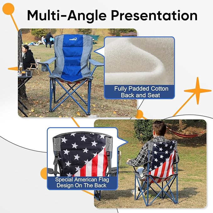 Colorsoul 2 Pack Folding Camping Chairs, Outdoor Lawn Chair Set of 2, Padded Camping Chairs w/Cup Holder & Carry Bag for Sports Garden Beach Terrace, American Flag