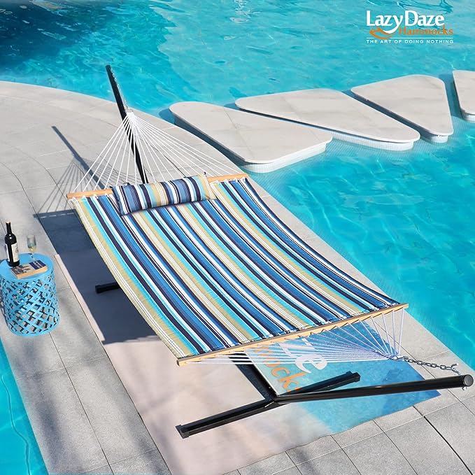 Lazy Daze Hammocks 12 FT Quilted Fabric Double Hammock with Spreader Bars and Detachable Pillow, 450 LBS Weight Capacity, Beaches Stripe