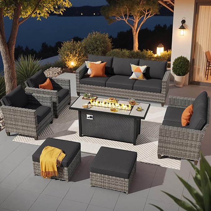 ovios 7 Pieces Patio Furniture Set with 54" Fire Pit Table, Outdoor Wicker Sofa with Comfy Cushions, All Weather High Back Rattan Couch Conversation Set, Black