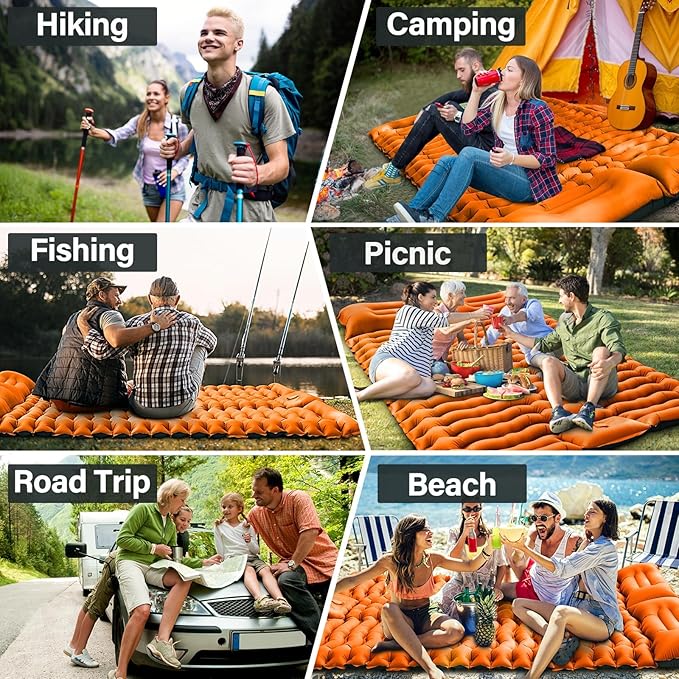 Double Camping Sleeping Pad, Self Inflating 4" Extra-Thick Foot Press Ultralight 2 Person Camping Mat with Pillow for Camping Hiking Traveling Backpacking Tent-Orange