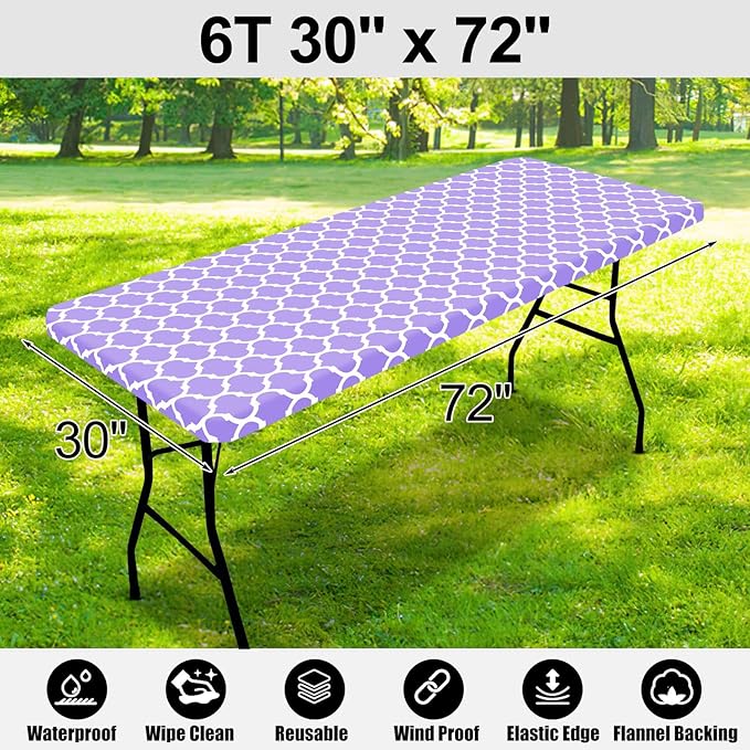 Smiry Rectangle Picnic Table Cover, Waterproof Elastic Fitted Camping Tablecloths for 6 Foot Tables, Wipeable Flannel Backed Vinyl Tablecloth Protector for Indoor, Outdoor (Lavender, 30x72 Inches)
