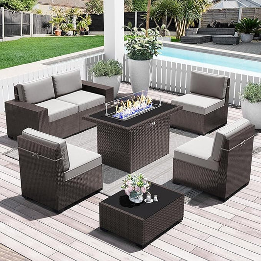LayinSun 7 Pieces Outdoor Patio Furniture Set with 44" Fire Pit Table Brown Rattan Sectional Sofa Conversation Sets