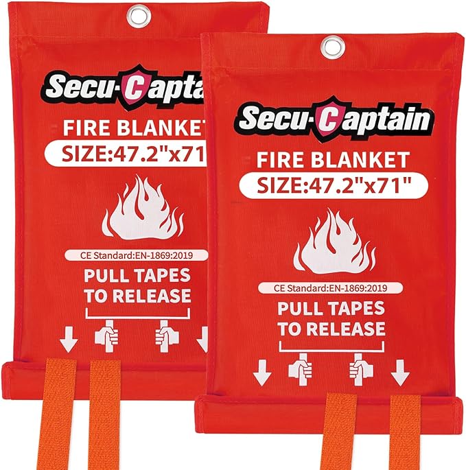 SecuCaptain Emergency Fire Blanket for Home - 2 Pack 47.2"x71" X-Large Flame Retardant Blankets with Fireproof Tabs for House Camping Kitchen Fire Protection Survival Safety