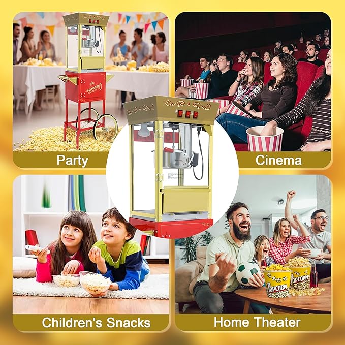 Popcorn Maker Machine - Professional Cart With 12 Oz Kettle Makes Up to 80 Cups, Stainless Steel Vintage Commercial Popcorn Machine Movie Theater Style (Red)