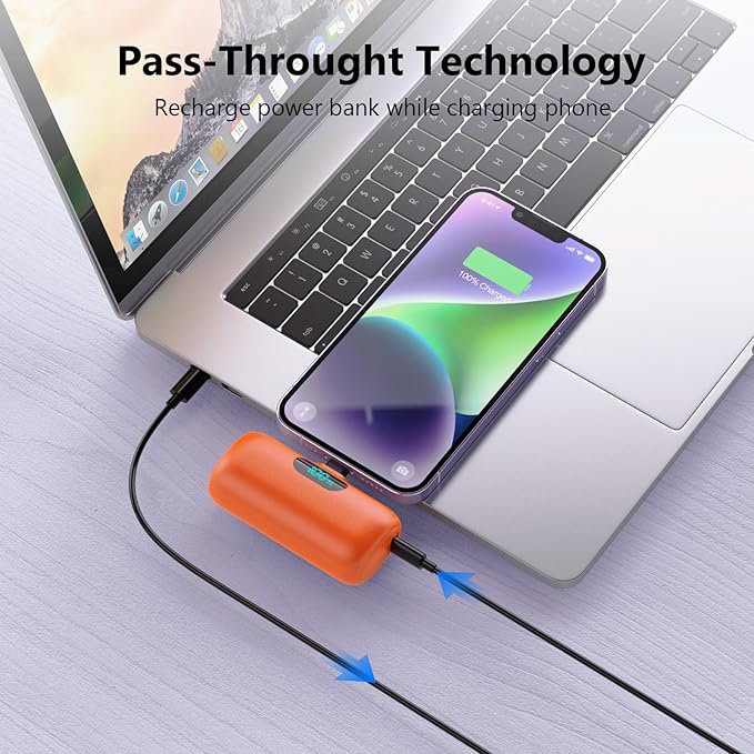 Small Portable Charger for iPhone, Upgraded 5000mAh PD Fast Charging Power Bank, Mini Plug-in Battery Pack Backup Charger Compatible with iPhone 14/14 Pro Max/13/13 Pro/12 Pro/11/XS/XR/X/8/7/6-Orange
