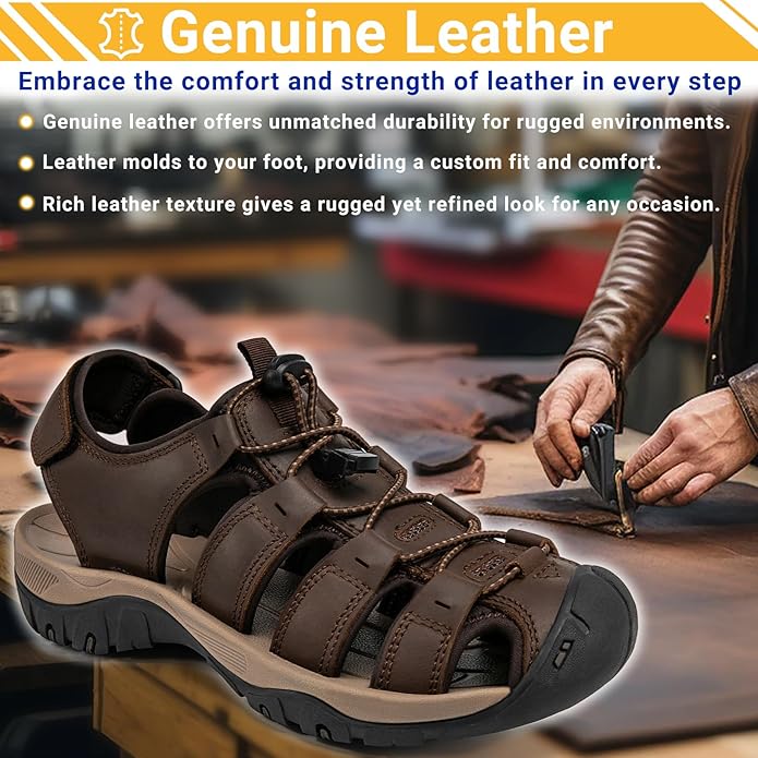 Men's Sport Sandals Closed Toe Leather Hiking Athletic Walking Outdoor Beach Trail River Fishing Water Shoes Lightweight Comfortable Waterproof