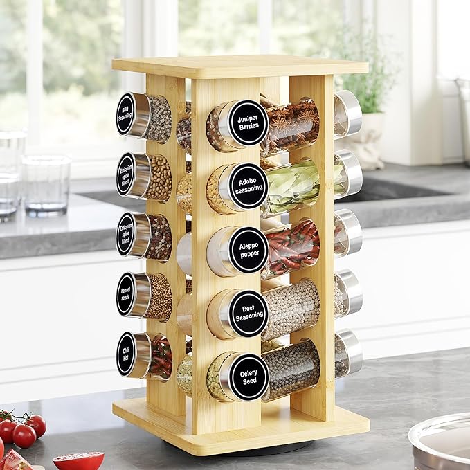 WelFurGeer Bamboo Spice Rack Organizer for Countertop, Revolving Spice Shelf with 20 Glass Jars, Lids & Labels, Desktop Rotating Seasoning Organizer for Kitchens, Space-Saving Design