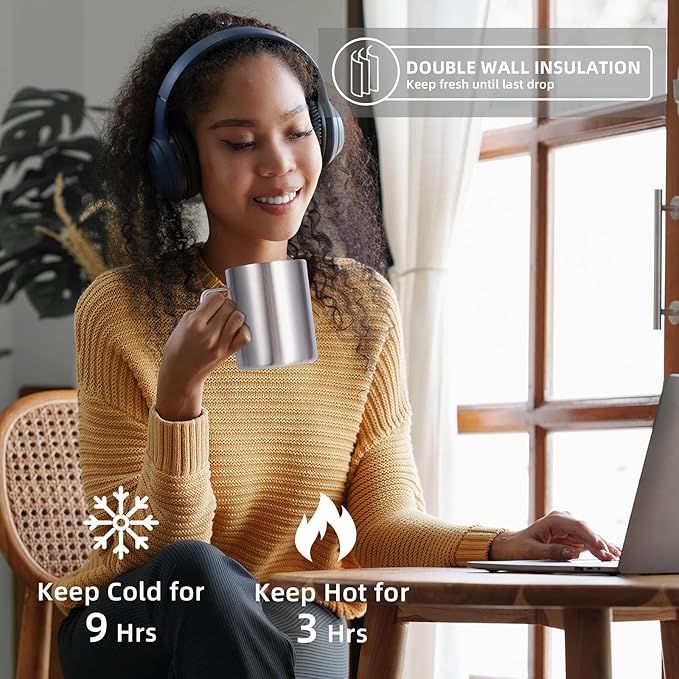 Volhoply 12oz Insulated Leakproof Coffee Mug with Flip & Straw Lid Bulk 4 Pack,Double Wall Vacuum Stainless Steel Travel Tumbler Cup with Handle,Camping Mugs Keep Cold/Hot(Silver,4 Set)