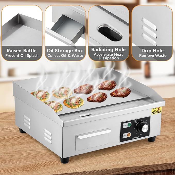 GarveeHome 18 In Commercial Electric Griddle,110V 1600W Electric Restaurant Teppanyaki Flat Top Grill With Shovels & Brushes, Non-Stick Countertop Griddle, Adjustable Temperature Control 122°F-572°F