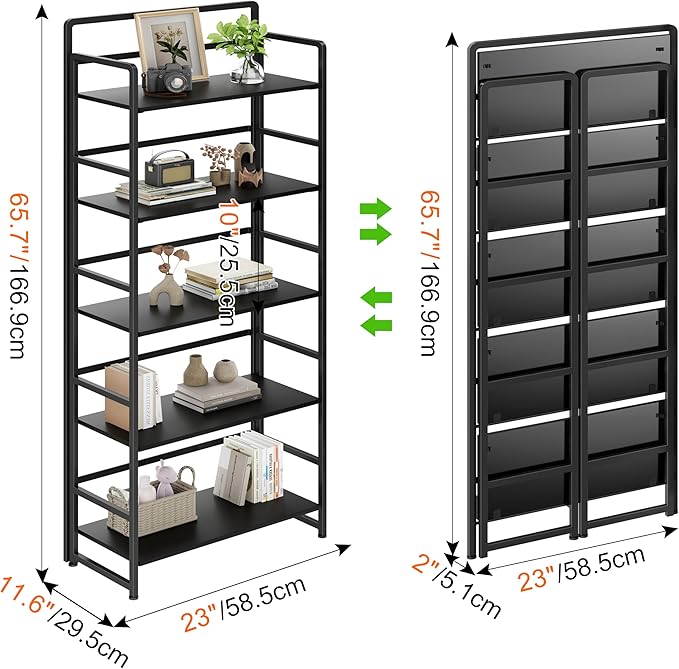 No Assembly Folding Bookshelf, 5 Tiers Collapsible Book Shelf for Home Office, Vintage Wood Foldable Bookcase Storage Organizer for Living Room Bedroom (Black)
