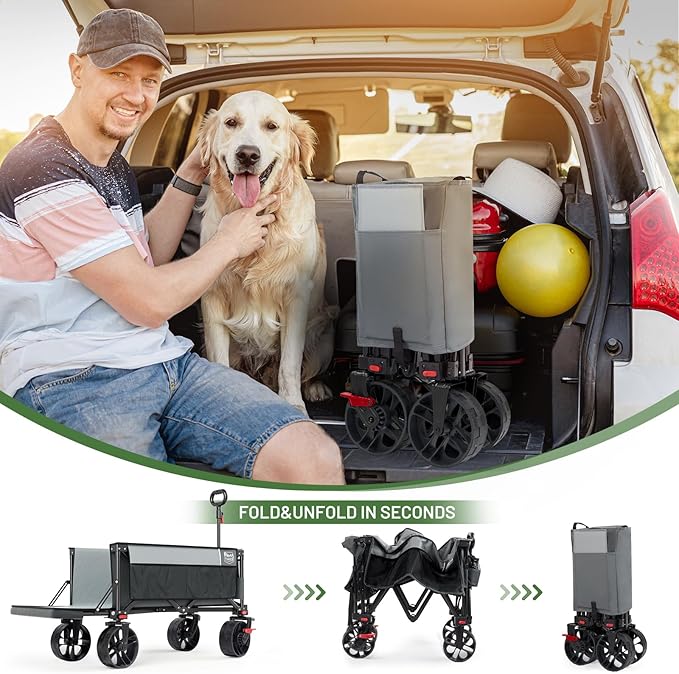 Timber Ridge 47" L Collapsible Folding Wagon with Tailgate, 300lbs Heavy Duty Beach Wagon with All-Terrain Big Wheels, 250L Foldable Utility Cart for Sand Camping Sports Shopping, Grey