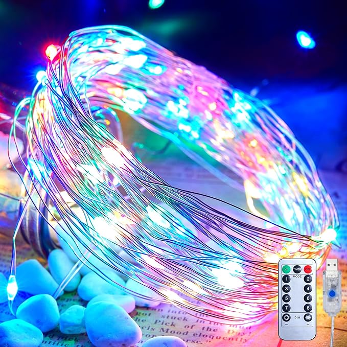 Minetom USB Fairy Lights Plug in, 66Feet 200 LED Twinkle String Lights with Remote and Timer, Waterproof 8 Modes Starry Lights for Indoor Wreath DIY Party Wedding Christmas Decoration, Multicolor