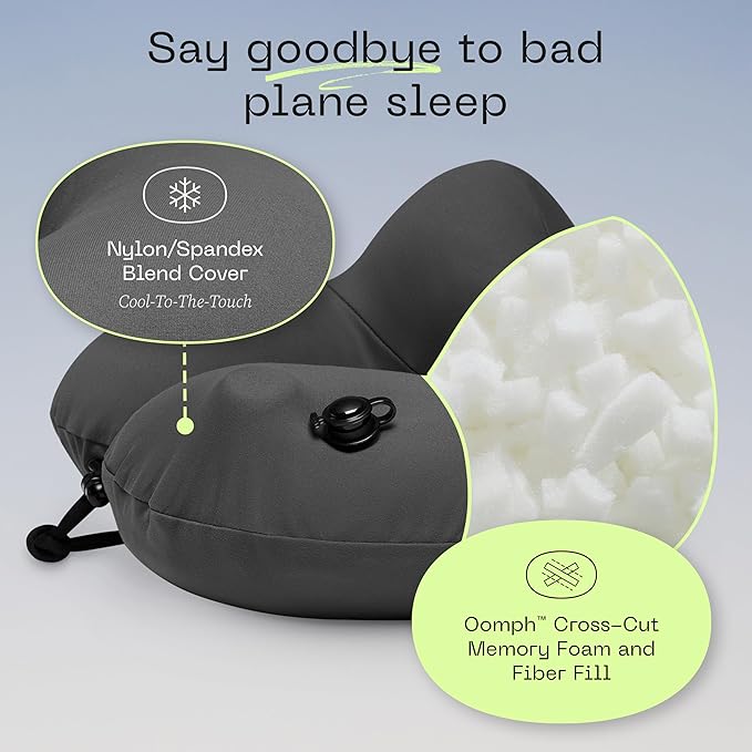 Coop Home Goods AirJustable Travel Neck Pillow, Inflatable, Adjustable Support for Neck & Chin, Compact Travel Pillow, Soft Memory Foam Comfort, Airplane Travel Essentials, Cooling & Washable Cover