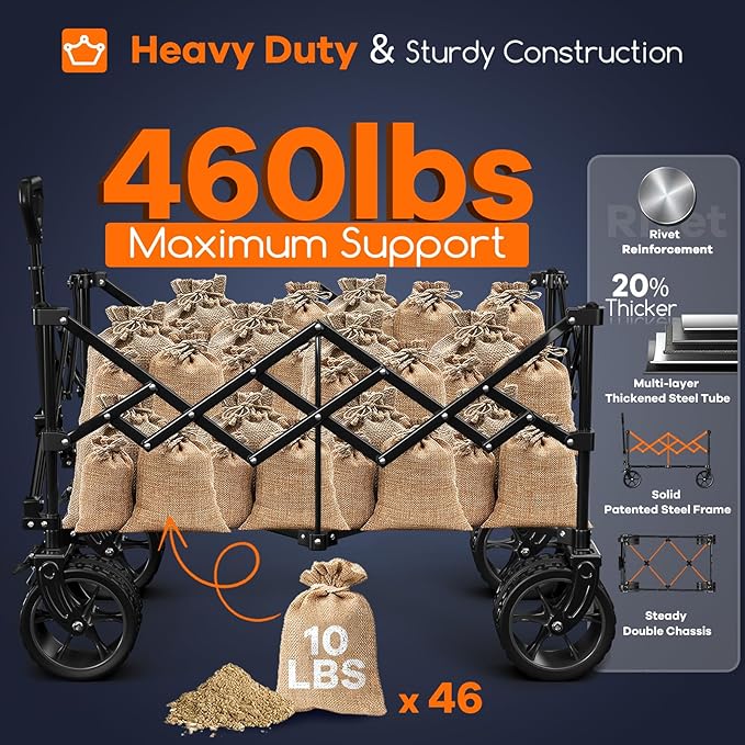 220L Collapsible Wagon Cart Foldable, 460LB Load Capacity Heavy Duty Folding Beach Wagons with Big All-Terrain Wheels, Utility Carts for Groceries, Shopping, Camping, Sports - Grey