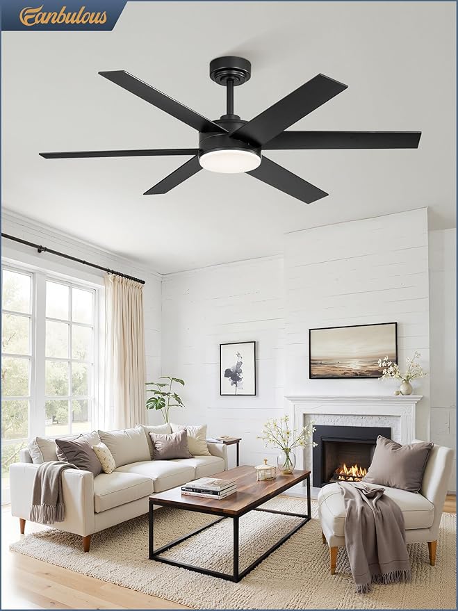 52 Inch Ceiling Fans with Lights and Remote, Reversible 6 Blades, Dimmable, 3000K-6000K Adjustable, Outdoor Ceiling Fans for Patios, Large Ceiling Fan for Indoor or Covered Outdoor, Black