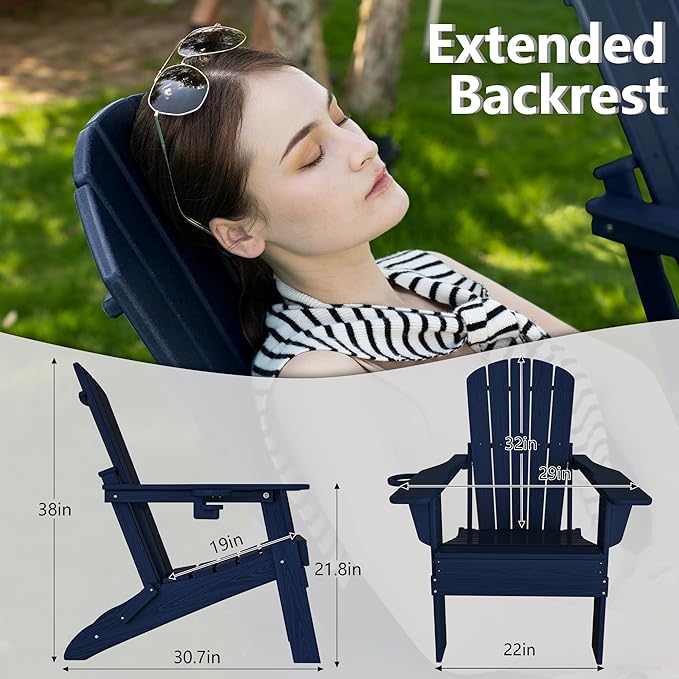 Folding Adirondack Chair, SGS Tested, Wooden Textured with Cup Holder, Heavy All-Weather HDPE Comfortable Set Poolside Backyard Lawn Navy Blue