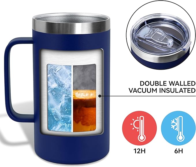 DOMICARE 24oz Mug with Handle and Lid, Stainless Steel Coffee Mug, Reusable Insulated Cup, Travel Mug with Handle, Double Wall Vacuum Coffee Tumbler for Men and Women, Navy, Pack 1