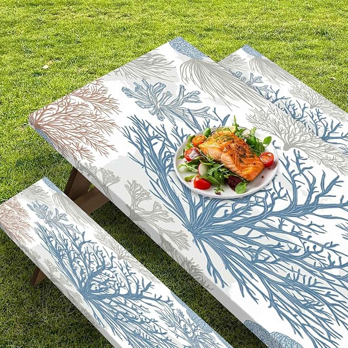 CAPSCEOLL Fitted Picnic Table Cover with Bench Covers with Elastic 6Ft Waterproof Camping Picnic Table Cover Cloths for Outdoors Camping Tablecloth with Drawstring Bag, 72X30in, Blue Sea