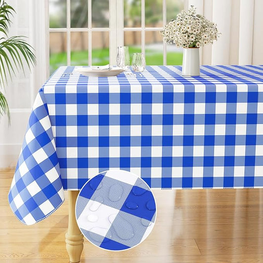 misaya Square Waterproof Vinyl Table Cloth, Buffalo Flannel Backed Tablecloth, Wipeable Plastic Table Cover for Seaside, Picnic, Outdoor (60" x 60", White and Blue)