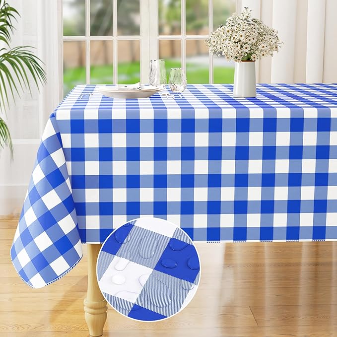 misaya Rectangle Waterproof Vinyl Table Cloth, Buffalo Flannel Backed Tablecloth, Wipeable Plastic Table Cover for Seaside, Picnic, Outdoor (60" x 102", White and Blue)