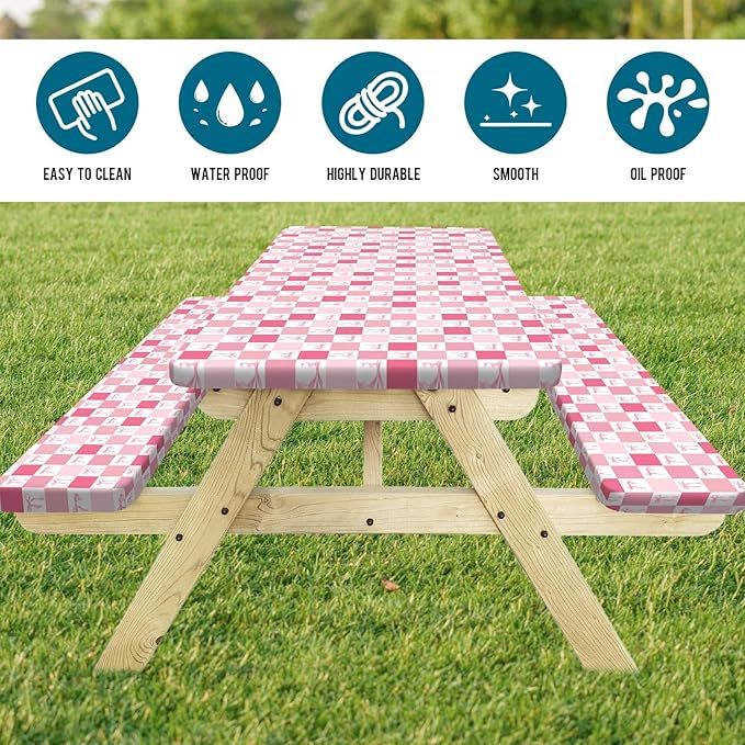Picnic Table Cover with Bench Covers, Checkered Bownot Elastic Edges Waterproof Windproof Camping Essentials, Camping Fitted Tablecloth with Drawstring Bag, 60in, Pink White