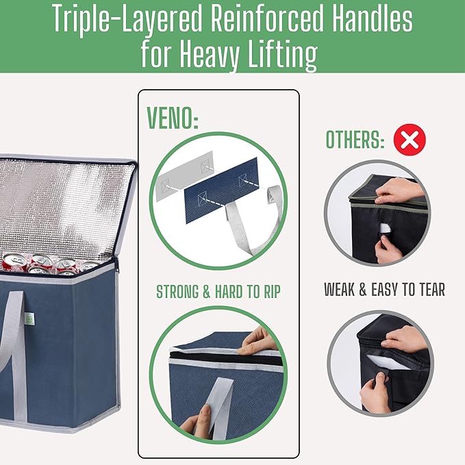 VENO 3 Pack Cooler Bag Insulated Reusable Grocery Shopping Bag, Food Delivery, Heavy Duty, Large Size, Durable Handles, Double Zippers, Lid, Collapsible (Dark Blue, 3 Pack)