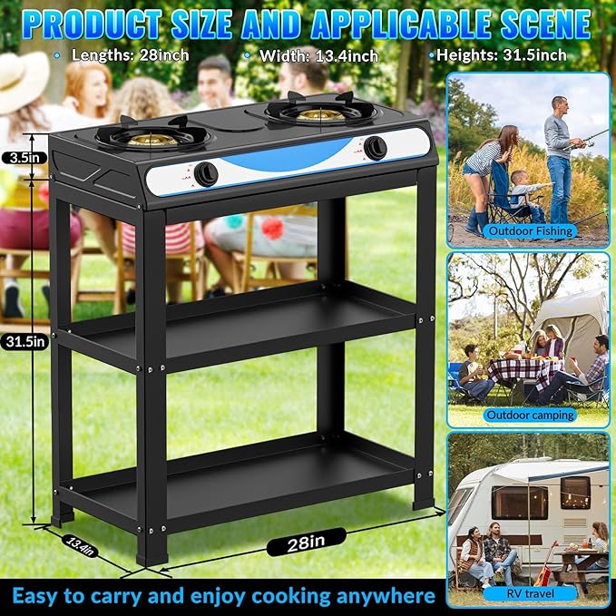 2 Burner Propane Gas Stove,19000BTU Portable Gas Stove with Support Leg Stand and Adapter Auto Ignition Camping Stove,propane burner for RV, Apartment, Outdoor Cooking