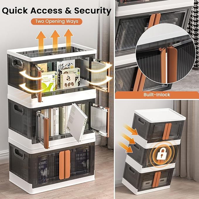 8.4Gal Collapsible Storage Bins with Lids & Wheels - 1 Pack Stackable with Doors, Heavy-Duty Plastic Containers for Home/Office, White