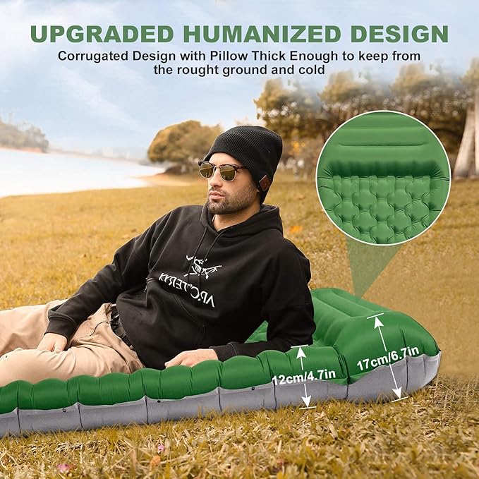 Camping Sleeping Pad with Pillow: Extra Thick 4.7 Inch Ultralight Self Inflating Air Mat, Connectable 50D Insulated Sleep Mattress for Backpacking, Camp, Hiking, Tent (Olive Green)
