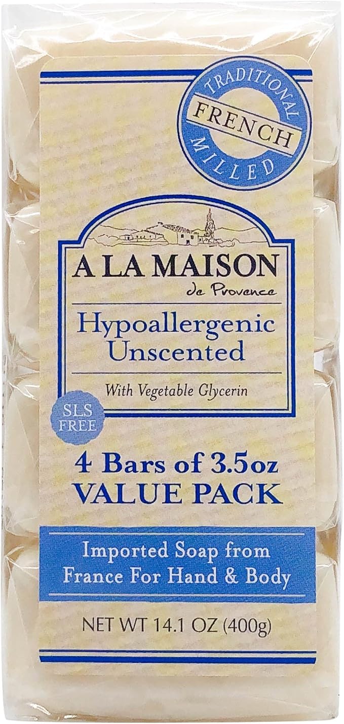A LA MAISON Hypoallergenic Unscented Bar Soap - Triple French Milled Natural Moisturizing Hand Soap Bar (4 Bars of Soap, 3.5 oz)
