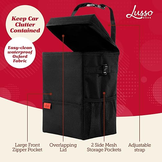 Lusso Gear Spill-Proof Car Trash Can (3.5 Gallon) - Easy to Clean Hanging Garbage Bin - Leak-Proof Lid, Removable Liner, Waterproof - Keeps Truck, SUV, Car, Minivan Clean & Odor Free (Tan)