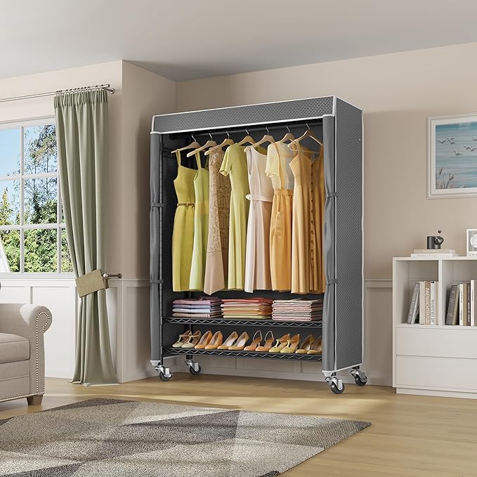 VIPEK R3C Plus Garment Rack Rolling Clothes Racks with Locking Wheels, Heavy Duty Clothing Rack Portable Closet with Adjustable Shelves & Side Hooks, Black Rack with Grey Upgraded Polyester Cover