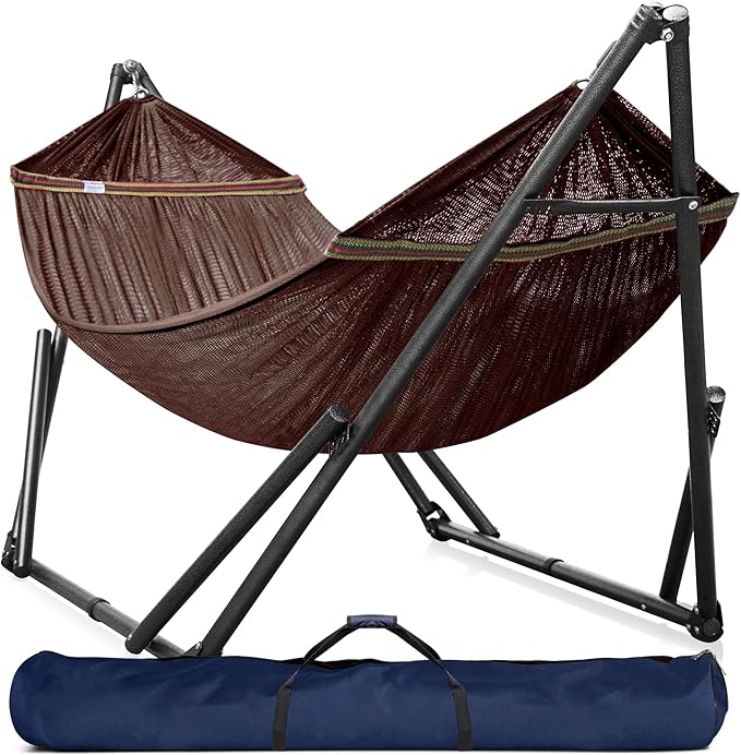 Tranquillo Universal Double Hammock with Stand Included for 2 Persons/Foldable Hammock Stand 600 lbs Capacity Portable Case - Inhouse, Outdoor, Camping, Brown