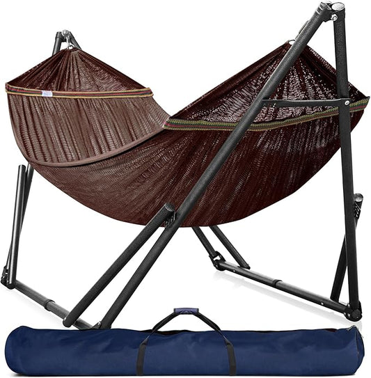 Tranquillo Universal Double Hammock with Stand Included for 2 Persons/Foldable Hammock Stand 600 lbs Capacity Portable Case - Inhouse, Outdoor, Camping, Brown