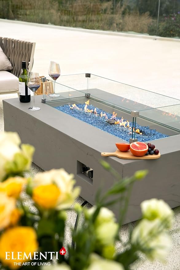Elementi+ | Meteora Gas Fire Pit Cast Concrete 56" Rectangular Fire Table, Outdoor Fire Pit Electronic Ignition | Canvas Cover, Fire Glass and Burner Lid Included | Light Gray | Propane Gas