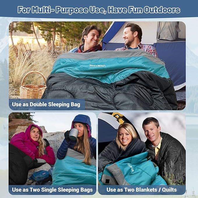 Double Sleeping Bag for Adults Machine Washable 2 Person Camping Sleeping Bag Queen Size Waterproof with Compression Sack for Cold Weather 3-4 Seasons