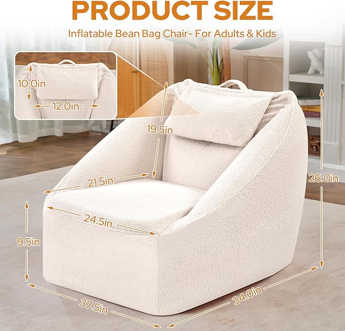 HABUTWAY Inflatable Bean Bag Chairs for Adult Blow up Chair Portable Inflatable Bean Bag Couch w/Electric Air Pump,Handle & Side Pocket for Movie Night Reading Gaming Living Room - Beige