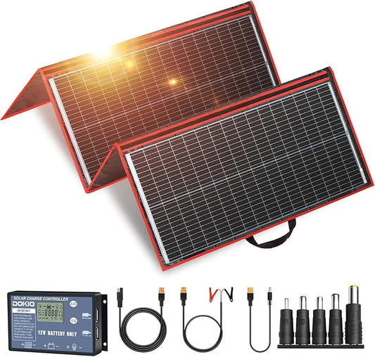 DOKIO 300W 18V Portable Solar Panel Kit Folding Solar Charger with 2 USB Outputs for 12v Batteries/Power Station AGM LiFePo4 RV Camping Trailer Car Marine