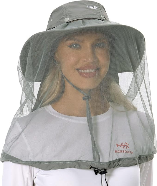 BASSDASH UPF 50+ Mosquito Sun Hat with Hidden Head Net and Neck Flap for Men Women Outdoor Fishing Hiking Camping FH16