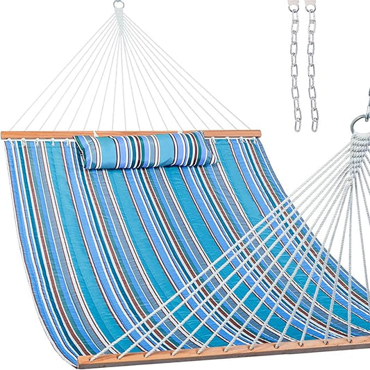 Lazy Daze Hammocks 12 FT Quilted Fabric Double Hammock with Spreader Bars and Detachable Pillow, 450 LBS Weight Capacity, Peacock Green Stripe
