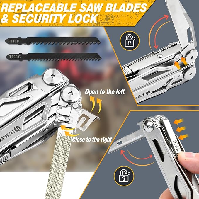 BIBURY Multitool Pliers Pro BI2045, Stainless Steel Multi Tool Pliers with Replaceable Wire Cutters and Saw, Foldable Multitools with Scissors and Screwdriver, Ideal for Camping,Survival, Repair