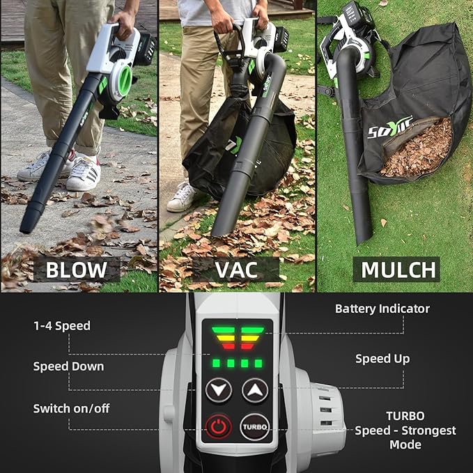 Cordless Leaf Blower & Vacuum SOYUS 3in1 Leaf Vacuum Mulcher 40V 360CFM 5 Speeds Brushless Battery Operated Leaf Blower for Lawn Care with 45L Bag 2 x 4.0Ah Battery and Charger Included